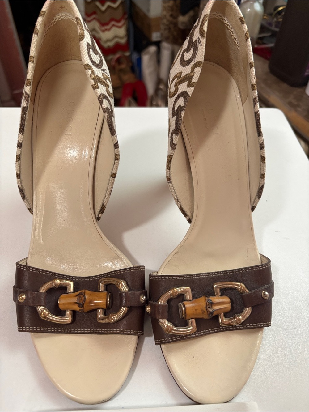 Gucci Brown Beige Bamboo-Trim Open-Toe Heels